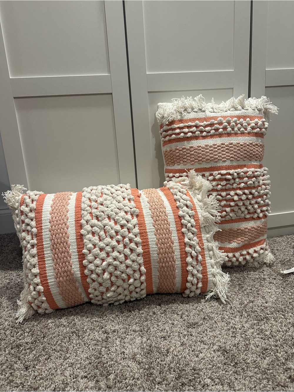 Handwoven Cream and Coral Striped Decorative Throw Pillows (2)